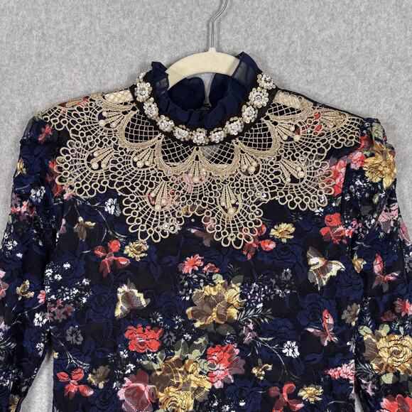 Lace‎ Blouse Medium Pearls Butterflys Gold Crochet Maximalist Victorian Coquette - Picture 2 of 14